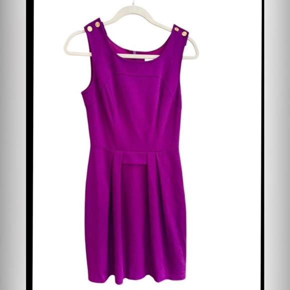 Trina Turk Purple Sleeveless Dress Gold Button Shoulders Sz 4 Fit & Flare $328 - Picture 2 of 5